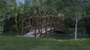 Modelo 3D de un puente peatonal y para bicicletas con luz de 18 metros y arcos de madera.